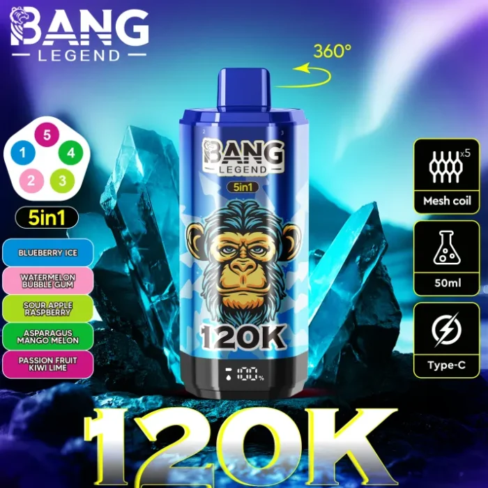 Bang-120k-Blueberry-Ice-Watermelon-Bubble-Gum-Sour-Apple-Raspberry-Asparagus-Mango-Melon-Passion-Fruit-Kiwi-Lime.webp Bang Legend 120K Puffs Disposable Vape - Image 3