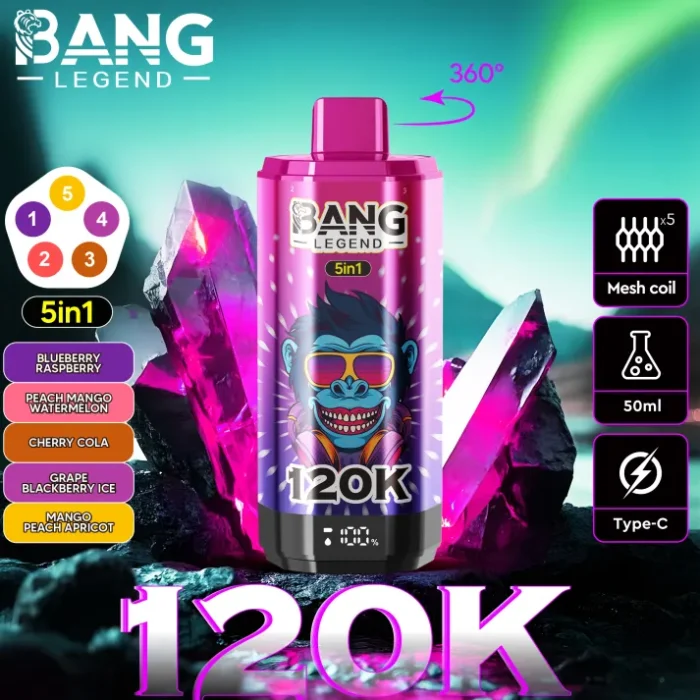 Bang-120k-Blueberry-Raspberry-Peach-Mango-Watermelon-Cherry-Coke-Grape-Blackberry-Ice-Mango-Peach-Apricot.webp Bang Legend 120K Puffs Disposable Vape - Image 5